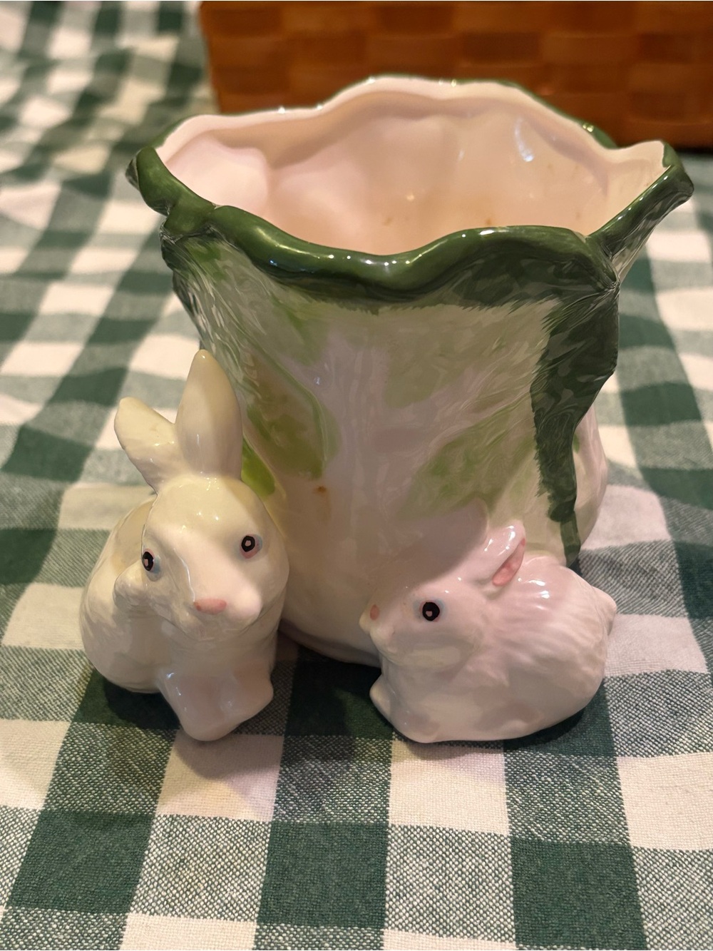 Vintage Ceramic Bunny Planter with Two Porcelain Rabbits w/ Cabbage